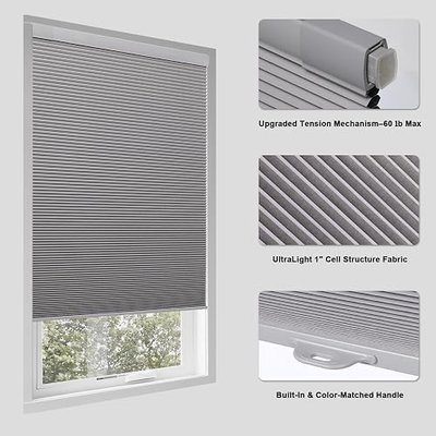 Tonature No Drill Cellular Shades for Indoor Windows, Thermal Insulating & Noise Reducing Honeycomb Blinds, Free Stop Cordless Blackout Shades, Grey, 22" W x 64" H