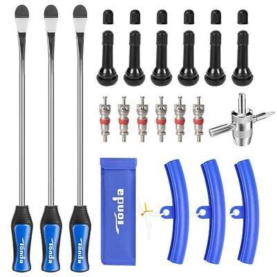 TONDA Tire Spoons, Tire Changing Kit for Motorcycle Dirt Bike Lawn Mower Tractor, Tire Removal Tool Set with Rim Protectors, Valve Tool, Valve Cores, Valve Caps, Valve Stems, Storage Bag
