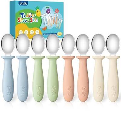 DRKIO 8 Pcs Toddler Spoons Set Baby Spoons with Silicone Handle | Kids Utensils Anti-Choke Design for Children's Safe Self-Feeding, Food-Grade Stainless Steel, Dishwasher Safe, BPA-Free