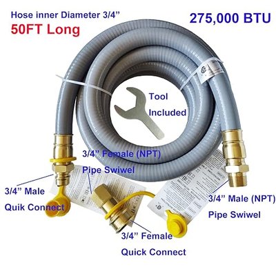 50FT 3/4" ID Natural Gas Hose with 3/4 Quick Connect for Standby Generators, Long Gas Flex Line Hose for NG/LP Propane Appliances Construction Heaters, Tool Included