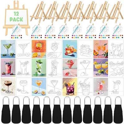 Motipuns 12 Set Pre Drawn Canvas for Painting for Adults Sip and Paint Kit with Easels 8 x 10 Inches Paint Party Kit with Printed Canvas Paints Brushes Palette Bag Apron(Cocktails)