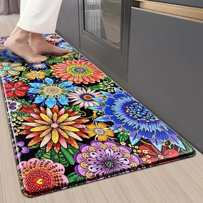 Likiyol Boho Kitchen Rugs, Boho Floral Anti Fatigue Kitchen Mat for Floor, Bohemian Flowers Non Slip Washable Kitchen Floor Mats, Comfort Standing Mat, 18'' x 48''