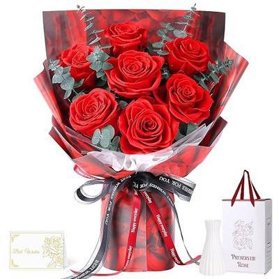 Preserved Flowers Bouquet 7 Roses - Red Real Rose & Flowers for Delivery, Eternal Roses Bouquet with Gift Box, Mothers Day Gifts for Mom Grandma Wife, Anniversary Birthday Gifts for Women
