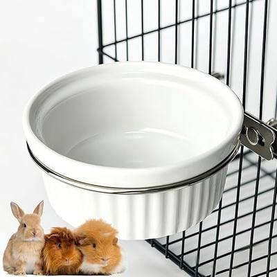 Rabbit Hanging Ceramic Bowl, Removable Cage Feeder Thick Ceramic Bowl with Stainless Steel Support Ring Pet Water Food Bowl for Small Animal Chinchilla Ferret Small Dog & Cat (4.92 * 1.97”)