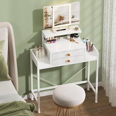 HIGDBFE Vanity Desk with Mirror and Lights, 28.4''W Small Makeup Vanity Table with Height-Adjustable Stand, 2 Fabric Drawers Compact Makeup Desk, Gift for Girls, Bedroom Small Space, White