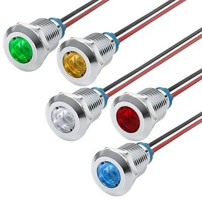 APIELE 5PCS LED Indicator Light 12mm 1/2" Waterproof IP65 Metal Signal Lamp 12V-24V AC/DC with 150mm Wire for Car Truck Boat (Multicolored)