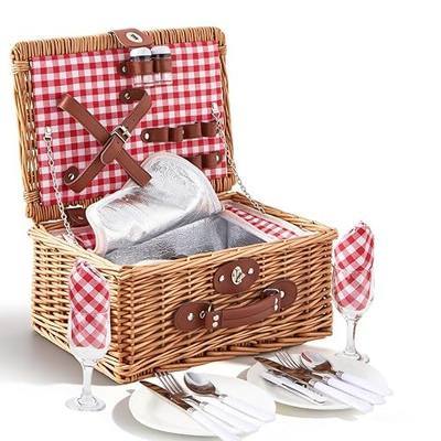 Wicker Picnic Basket for 2, Insulated Cooler Compartment | Handwoven willow, ceramic plates, wine glasses, cutlery, napkins and corkscrew, compact carry handle for dates and camping