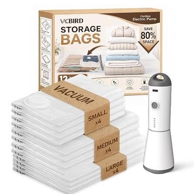 Vacbird Travel Vacuum Storage Bags with Rechargeable Cordless Pump, 12 Pack Vacuum Seal Bags for Clothing(4 Large+4 Medium+4 Small), Compression Packing for Clothes Suitcase Luggage Blanket Pillows