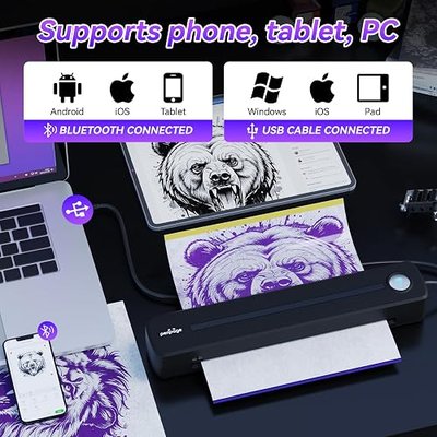 PeriPage P91 2-in-1 Portable Thermal Inkless Printer, Tattoo Stencil & A4 | P91 Wireless Bluetooth A4 Thermal Printer, Lightweight Rechargeable Inkless for Tattoo Artists Office Travel