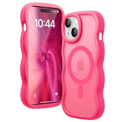 Magnetic for iPhone 16 Case, Compatible with Magsafe Wavy Frame Cute Design Translucent Matte Hard Back Silicone Bumper Shockproof Protective Phone Case for iPhone 16 Women Girls, Pink