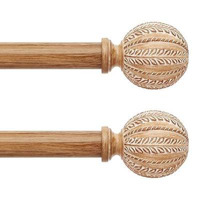 2 Pack Wood Curtain Rod for Windows 48 to 84 Inch, 1'' Diameter Adjustable Heavy Duty Rustic Farmhouse Drapery Rods with Boho Imitation Wooden Grain Decorative Finials, Size: 30''-88'' – Light Wood