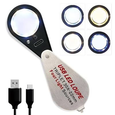 30X Jewelers Loupe Magnifier with UV and LED Lights, Four Types of Light, USB Rechargeable Illuminated Eye Loop Foldable Jewelry Magnifying Glass for Gems, Currency, Diamond, Coins,Watches,Stamps