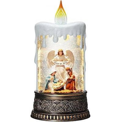 Nativity Snow Globe Candle Christmas Decorations Indoor Auto Snowfall Glitter Music Collection Angel Nativity Scene Peace on Earth with 6H Timer USB/Battery Powered 9.7 inch