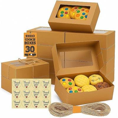 30 Pack 9x6x3in Cookie Boxes with Window, Bakery Boxes for Treats, Desserts | Kraft Packaging With Twine & Thank You Stickers, For Gifting Cupcakes, Muffins, Pastry, Donuts, Baked Goods, Strawberries