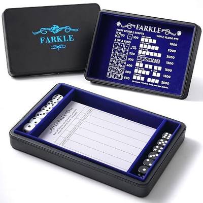 Soar Forge Deluxe Farkle Dice Tray and Storage - Elegant Faux Leather Travel Case with Score Sheets, 2 Sets of Dice & Velvet Lined Rolling Arena for Many Classic Games (Royal Blue)