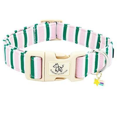 Elegant little tail Dog Collar, Cute Pink with Green Strip Pattern Pet Collars Soft Girl or Boy Adjustable Cotton Puppy Collar with Quick Release Buckle for Medium Dogs