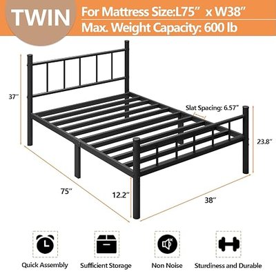 zizin Twin Size Metal Bed Frame with Headboard & Footboard 14 Inch Metal Platform Mattress Foundation Support with Steel Slat, Under Bed Storage, No Box Spring Needed