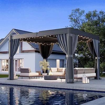 Airwire 10x12 FT Louvered Pergola with Curtains & Netting Gray | Metal Outdoor Pergolas with Adjustable Roof for Deck, Patio, and Backyard