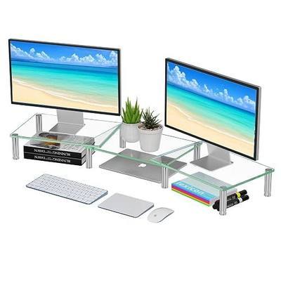 Simple Trending Glass Dual Monitor Stand, Adjustable Length/Height, Clear | 41.5"L x 9.5"W x 5"H, height 3.5"-5", length 28.37"-41.5". Hold 260 lbs. Stainless steel feet. Tempered glass. Easy assembly