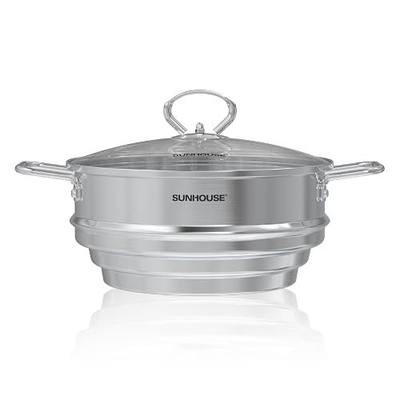 SUNHOUSE 5 QT Stainless Steel Steamer Basket for Pot, Universal Insert | Food & Vegetable Steaming Rack with Glass Lid, Stay-Cool Handles - Fits 8, 8.5, 9.5 Inch Pots - Cestello Vaporera