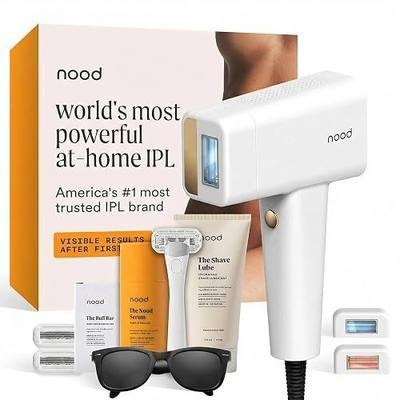 Nood™ NEW Flasher Pro Kit — IPL Laser Hair Removal Device for Women & Men + Refillable 5-Blade Shaving Razor Kit + Exfoliating Buff Bar + Hydrating Shave Lube + After Shave Serum — Gloss White