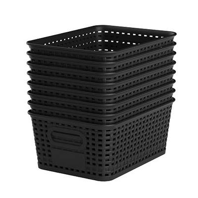 Black Plastic Storage Baskets - Pack of 8 with Labels Stackable Durable Storage Bins, Storage Containers for Organizing Desktops, Closets, Playrooms, Classrooms, Offices