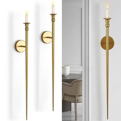 Gold Candle Sconces Set of 2, Retro Long Metal Candle Holders for Wall, Elegant Wall Decor for Living Room, Dining Room, Bathroom, and Office