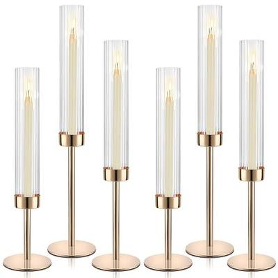 Gold Hurricane Candle Holders, Set of 6 Glass Taper Candlestick Holders Metal Candle Stands Bulk with Ribbed Glass Cover for Dining Tables Wedding Candelabra Centerpieces Decor