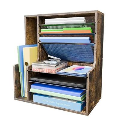 Simple Trending 7- Tier Desk File Organizer, Paper Organizer, Rustic Brown | Adjustable Letter Trays, Wooden Desk Accessories with Side File Holder, for Office Home Classroom, 16"L x 9"W x 17"H