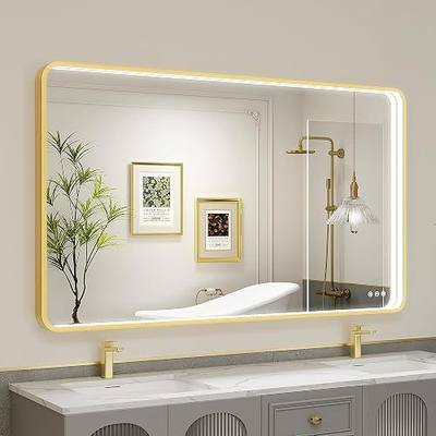 55x32 Inch LED Bathroom Mirror with Lights, Gold Metal Framed LED Mirror for Bathroom, 3 Colors and Stepless Dimmable Wall Mounted Lighted Bathroom Vanity Mirror, Anti-Fog, Memory