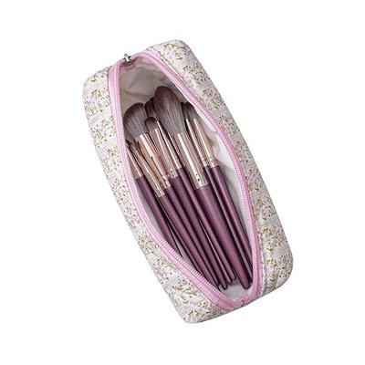 Cute Floral Cotton Makeup Brush Cosmetic Bag for Women, Travel Quilted Zipper Make Up Bag, Flowers Toiletry Organizer Case Kawaii Makeup Cosmetic Travel Cloth Pouch (Pink Floral)