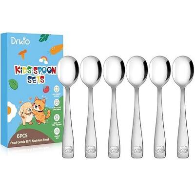 DRKIO 6Pcs Stainless Steel Toddler Spoons Set Small Metal Kids Silverware | Food-grade, Ideal Transitional Baby Utensils, Cute pattern, Designed for Children, Dishwasher Safe, Mirror Polished
