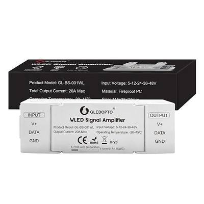 Sogledwow WLED Signal Amplifier Booster DC 5-48V 20A Max 10m 32.8ft Data Wire Extension Flicker-Free LED Strip Enhancer for Digital Controller Addressable RGB IC WS2811 WS2812 SK6812 WS2813 WS2815 etc