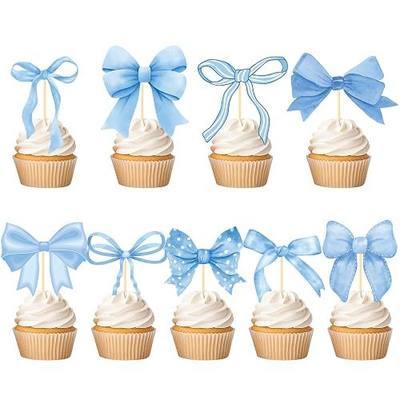 Blue Bow Cupcake Toppers Baby Shower Birthday Party Decor 40PCS | Blue Bow Cupcake Toppers 40pcs, Double Sided Print, Paper Stick, Coquette Bow Theme, Baby Shower Birthday Party Decor