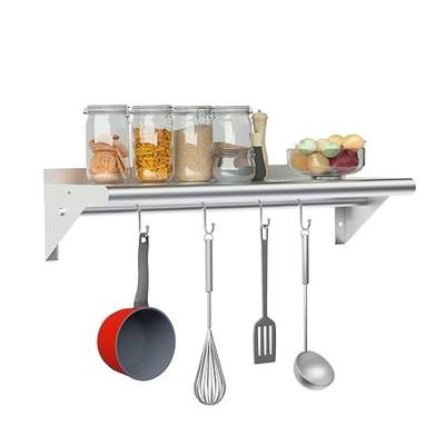 Treshin Stainless Steel Shelf with 4 Hooks 12" x 24" Commercial Pot Rack | Heavy Duty Metal Wall Mounted Floating Shelving for Restaurant, Kitchen, Home, Bar and Hotel