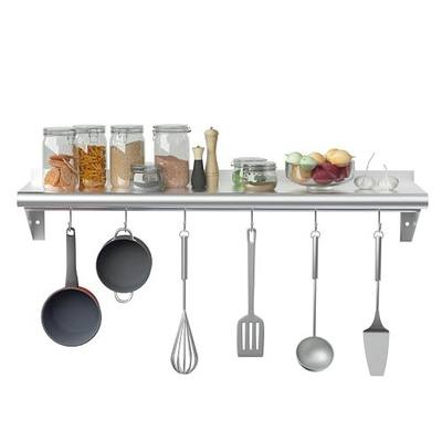 Treshin Stainless Steel Shelf with 6 Hooks 14" x 48" | Commercial Wall Mount Floating Shelving Storage Pot Rack for Restaurant, Kitchen, Home, Bar and Hotel