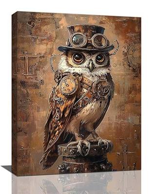 Olivine Steampunk Wall Art, Owl Pictures Wall Decor, Retro Steam Punk Bird Canvas Prints Painting, Framed Artwork for Living Room Bedroom Bathroom Office Home Decor 16"x12"