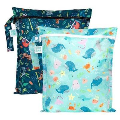 Bumkins Waterproof Wet Bag - Ocean & Jungle, 2pk | For Baby, Travel, Swim Suit, Cloth Diapers, Reusable & Easy to Clean