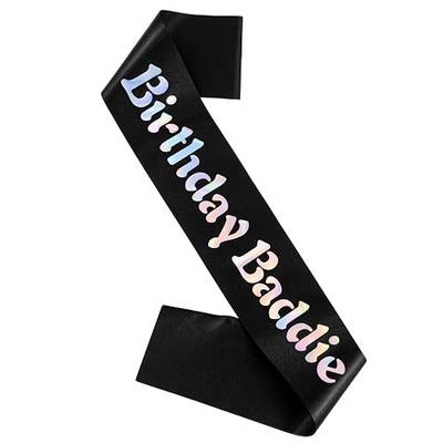 Birthday Baddie Sash, Soft Glitter Satin Black Happy Birthday Boy Girl Sash with Multicolor Foil for Women Girls Men Party Decorations Supplies