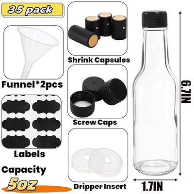 Cedilis 35 Pack Glass Woozy Bottles, 5oz Clear Hot Sauce Bottles, Small Empty Liquor Wine Bottle with Shrink Capsule, Black Screw Caps, Dripper Insert, Labels and Funnels