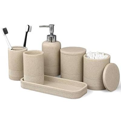 LIN CHUAN 6-Piece Bathroom Accessories Set, Bathroom Organizer, Beige | Includes soap dispenser, toothbrush holder, vanity tray, tumbler, and 2 cotton swab jars for bathroom organization set.