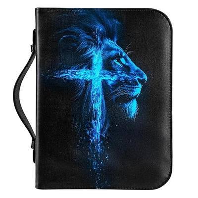 Bible Cover, Bible Carrying Book Case for Men,Protective Bible Organizer Holder Bag with Handle and Zippered Pocket, Christian Gift for Girls Boy (Blue Lion, L)