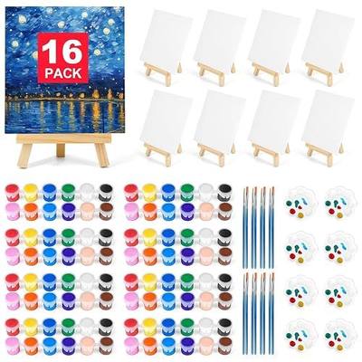 16 Pack 8 * 10In Canvas Boards for Painting, Art Canvas for Drawing with 32 Brushes & 16 Paint Trays & 32 Acrylic Paint, Mini Painting Canvas with Easel Set, Painting Kits for Adults Party