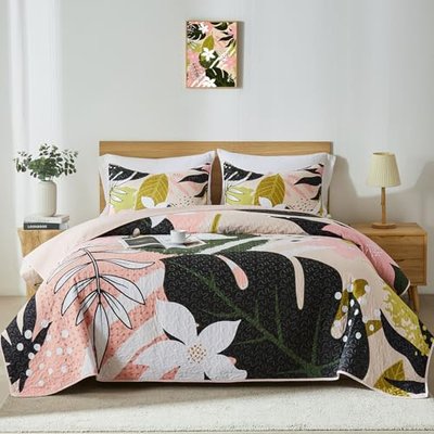 Yogeneg King Quilt Bedding Set,Elegant Botanical Pattern Oliver Green King/Cal King Quilt Set,3 Piece Lightweight Soft Summer Bedspread Coverlet with 2 PIillow Shams,All Season(Oliver Green,110"x96")