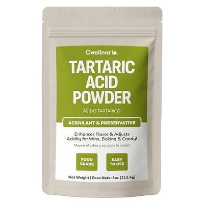 Coolinario Tartaric Acid Powder (4 OZ) Food Grade Natural Acidulant | Enhances Flavor & Adjusts Acidity, Ideal for Wine, Baking & Candy, Cream of Tartar, Confections & pH Balancing