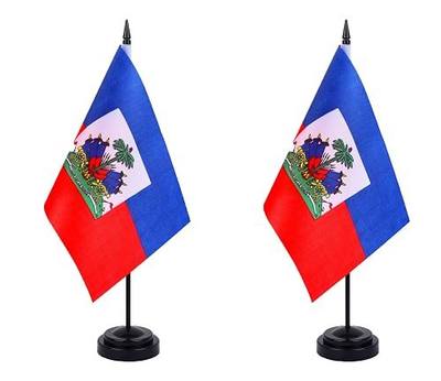 Haiti Desk Flag 12" Solid Pole Deluxe Set Haitians Flags Banner Mini Small Haiti Office Table Flags with Black Stand Base Desktop Decorations(2Pack)