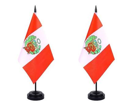Peru Desk Flag 12" Solid Pole Deluxe Set Peruvian Flags Banner Mini Small Peru Office Table Flags with Black Stand Base Desktop Decorations(2Pack)