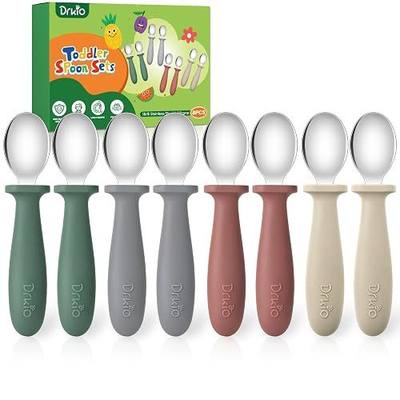 DRKIO 8 Pcs Toddler Spoons Set Baby Spoons with Silicone Handle | Kids Utensils Anti-Choke Design for Children's Safe Self-Feeding, Food-Grade Stainless Steel, Dishwasher Safe, BPA-Free