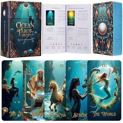 XSYLOHXL Ethereal & Celestial Ocean Tarot Deck for Beginners, Unique Marine Four Suits Divination, Shadework Atlantis Tarot Cards with Guidebook, Thick 400GSM Gradient Blue Gilded Edges Classic Set