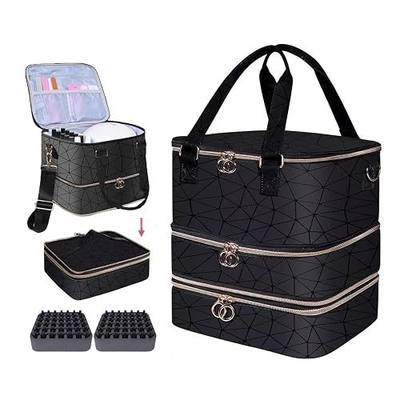 Nail Polish Organizer Case,3 Layer Nail Polish Organizer Bag Holds 84 Bottles (15ml/0.5 fl.oz) Nail Supplies Organizer,Nail Bag PU Leather Nail Carrying Nail Kit Supplies Organizer Case (Black)